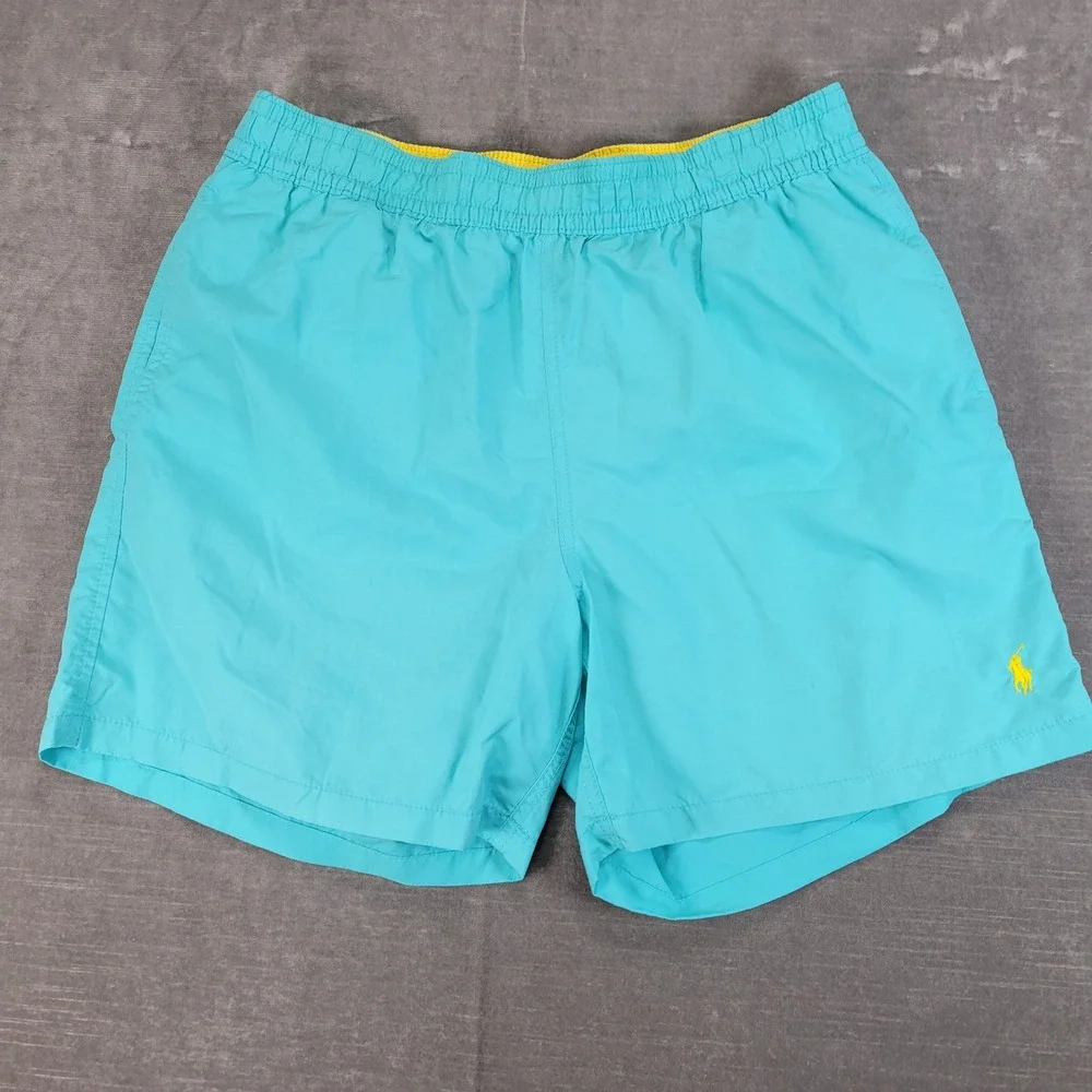 Polo Ralph Lauren Swim Trunks Teal Yellow Pony‎ Logo Men Large Elastic Waist